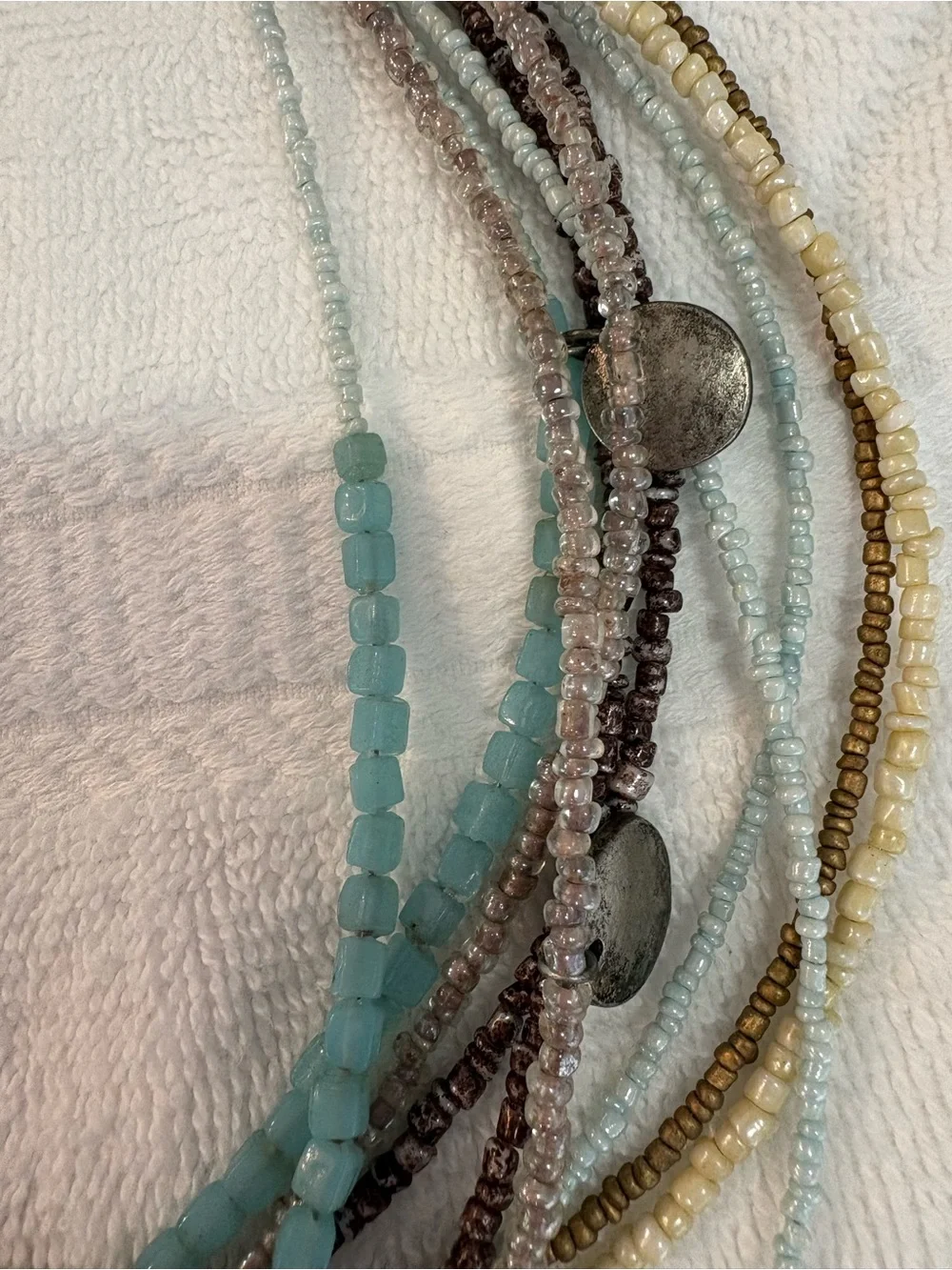 Layered Aqua Bead Necklace with Antiqued Silver Discs